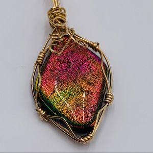 Wire Wrapped Glass Pendant with Long Chain